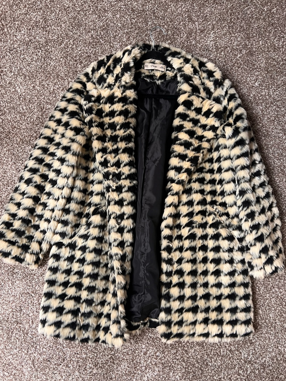 Houndstooth Faux Fur Teddy Coat - Black & Cream